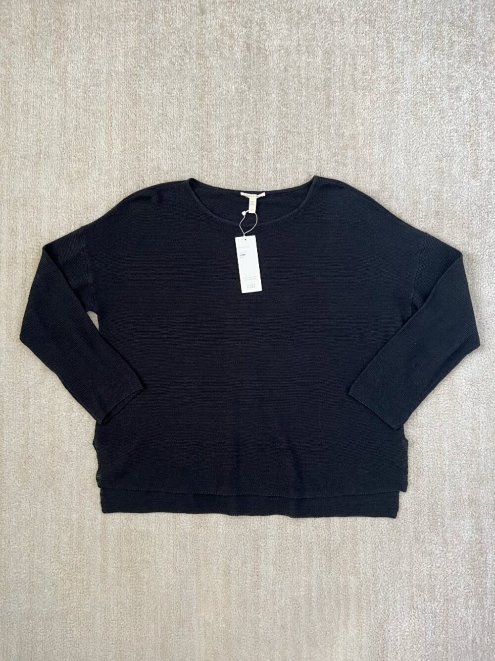 NWT Eileen Fisher Black Linen Knit Sweater Boxy Pullover S Bateau Neck Hilo